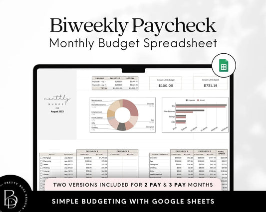 Laptop screen shows bi-weekly budget spreadsheet with graphs.  Text at the top and bottom.  Pretty Boss Designs logo in the bottom left corner.