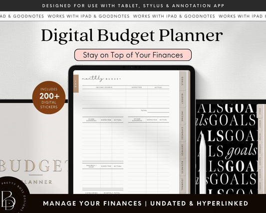 Three tablet screens showing pages for digital budget planner. Text with Pretty Boss Designs logo in the bottom left corner.